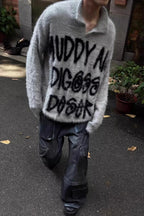 Color Block Letter Slouchy Knit Sweater