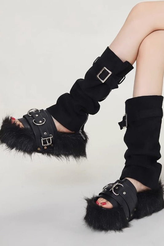 Faux-Fur Buckle Platform Slides