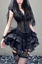 Black Lace Shirt And Tiered Mini Skirt Set