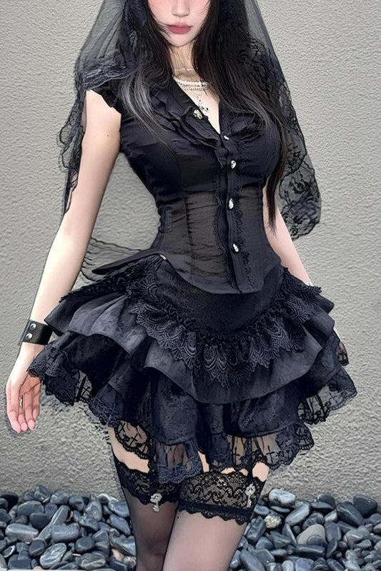 Black Lace Shirt And Tiered Mini Skirt Set