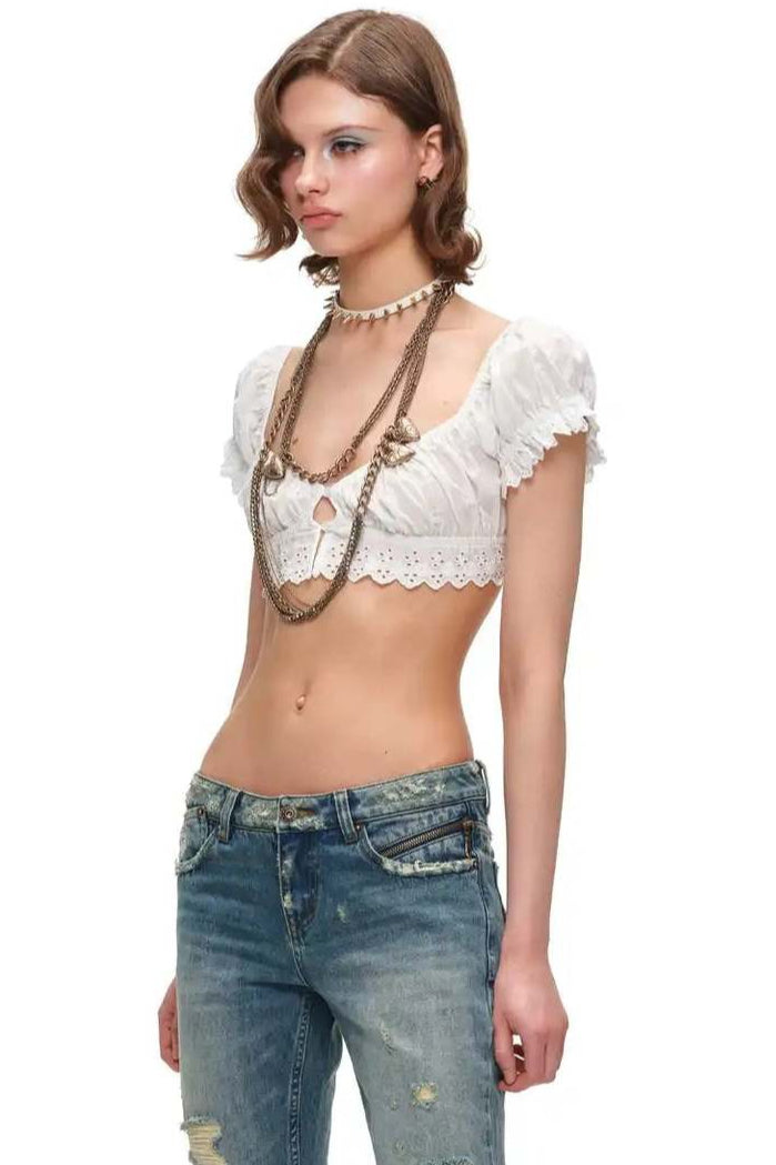 Eyelet Lace Short Sleeve Crop Tops