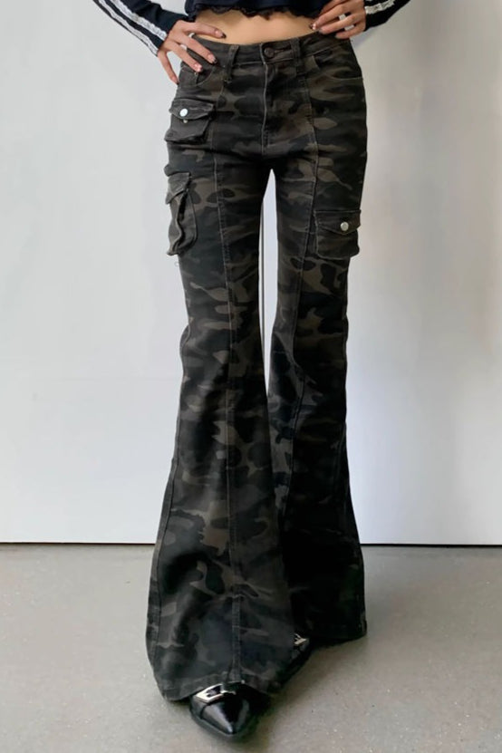 Camouflage Flared Cargo Pocket Pants
