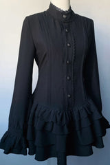 Dark Lace Patchwork Button Front Ruffle Mini Dress