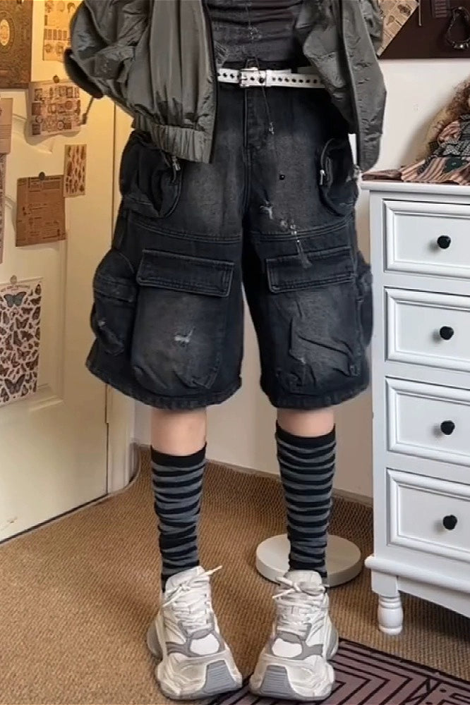 Street Punk Multi-Pocket Cargo Denim Shorts Secondary image