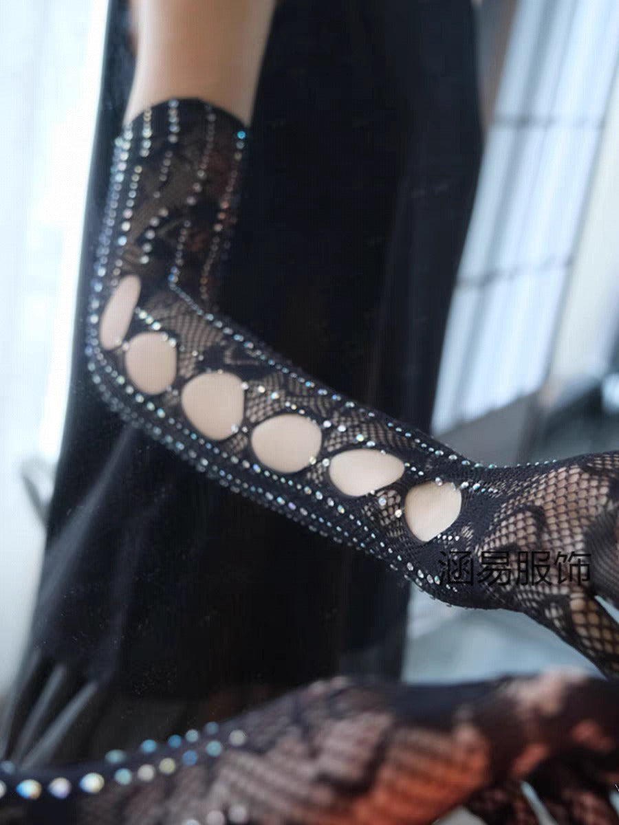 Dark Style Black Rhinestone Fishnet Rose Long Gloves