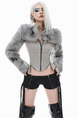 Futuristic Long Sleeve Fur Patchwork Slim Coat