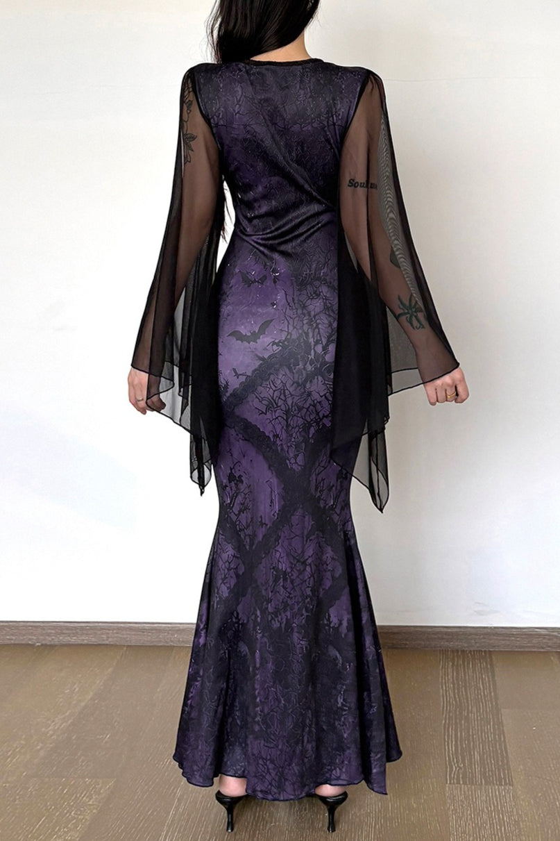 Printed Mesh Sleeve Fishtail Maxi Dress
