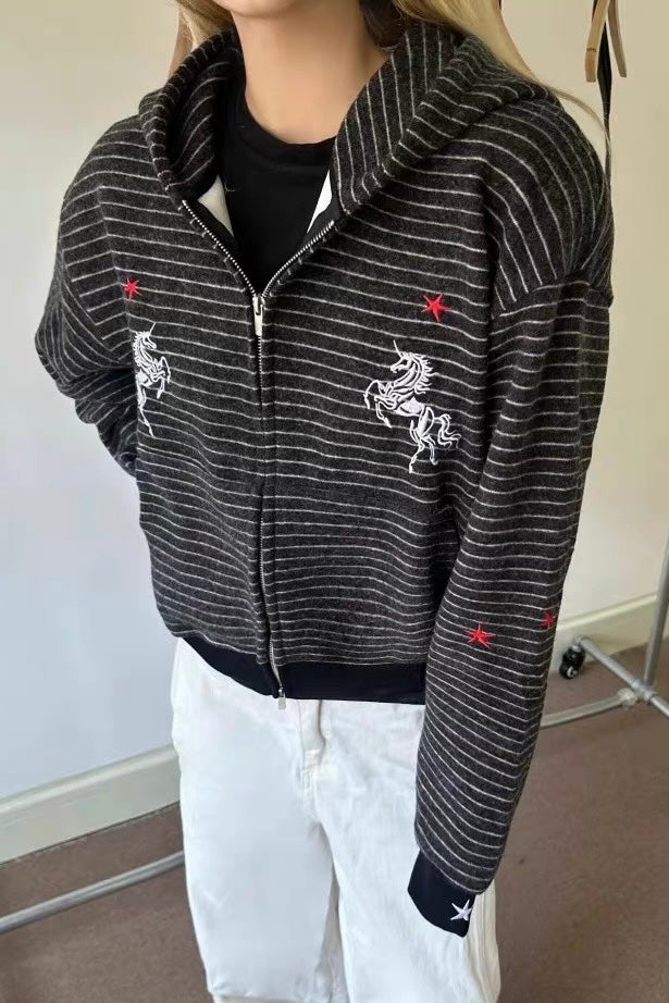 Horse Motif Star Striped Hoodies