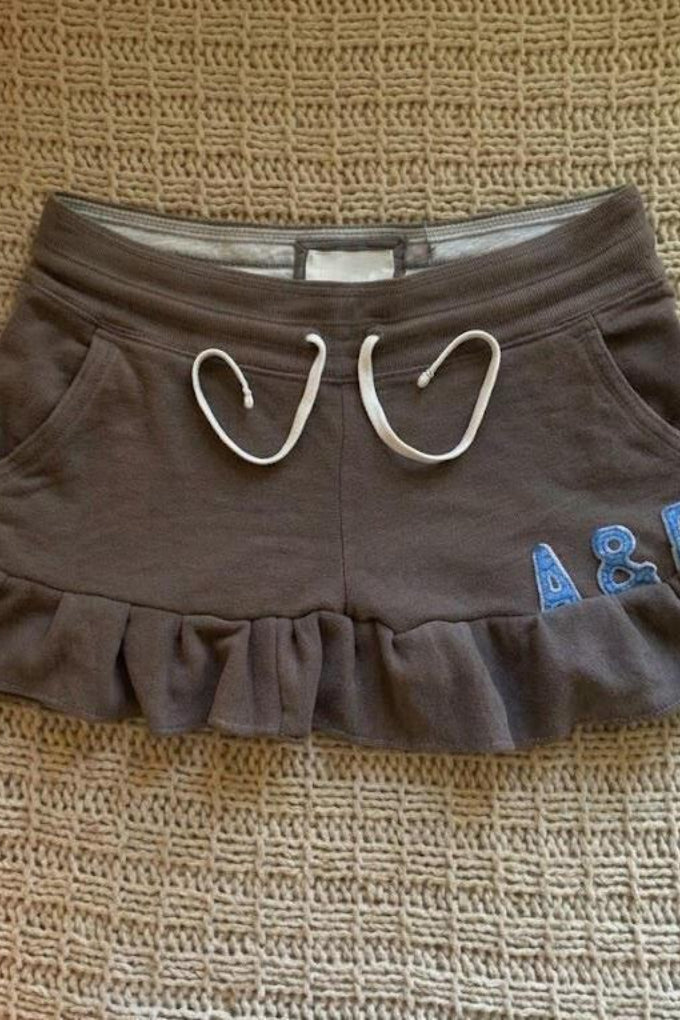 Brown Ruffle Drawstring Mini Skirt