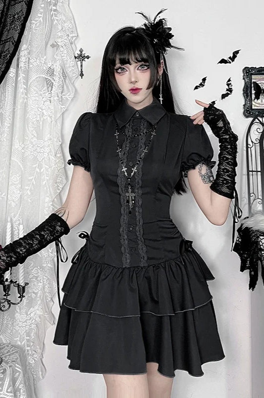 Dark Gothic Lace Patchwork High Waist Bow A-line Mini Dress Main image
