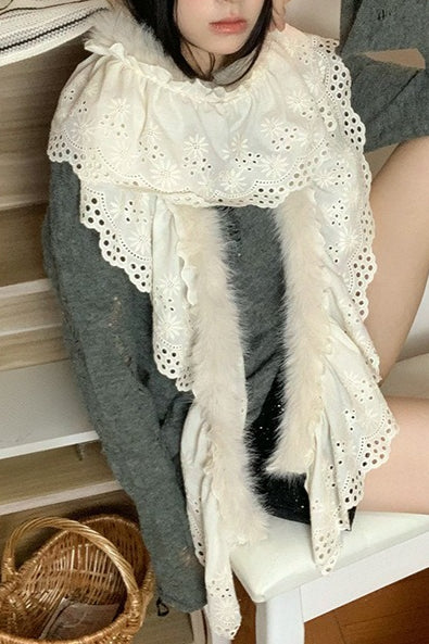 Y2K Furry Lace Trim Warm Layering Scarf Main image