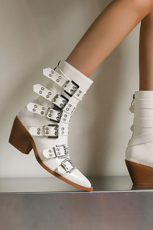 Pointed Buckle Western Ankle Boots