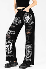 Black Distressed Graphic Straight-Leg Pants