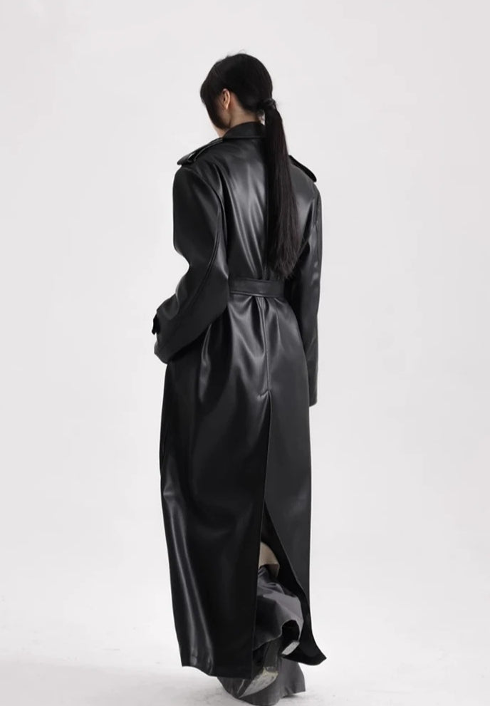 Long Black Soft Leather Long Coat