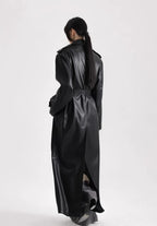 Long Black Soft Leather Long Coat