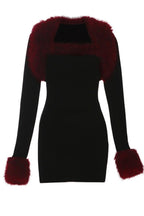 Burgundy Fluffy Trim Black Skirt Sets