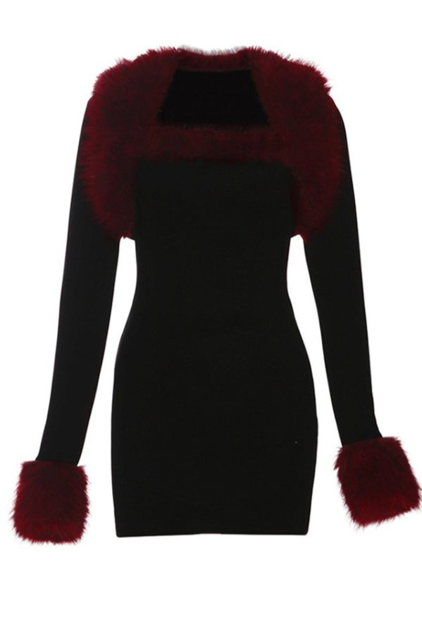 Burgundy Fluffy Trim Black Skirt Sets