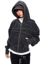 Washed Studded Cropped Zip Hoodies