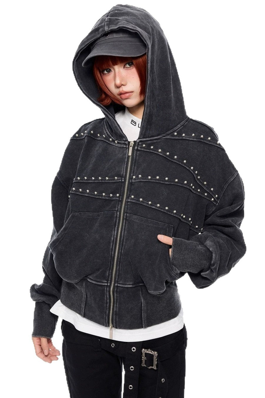Washed Studded Cropped Zip Hoodies