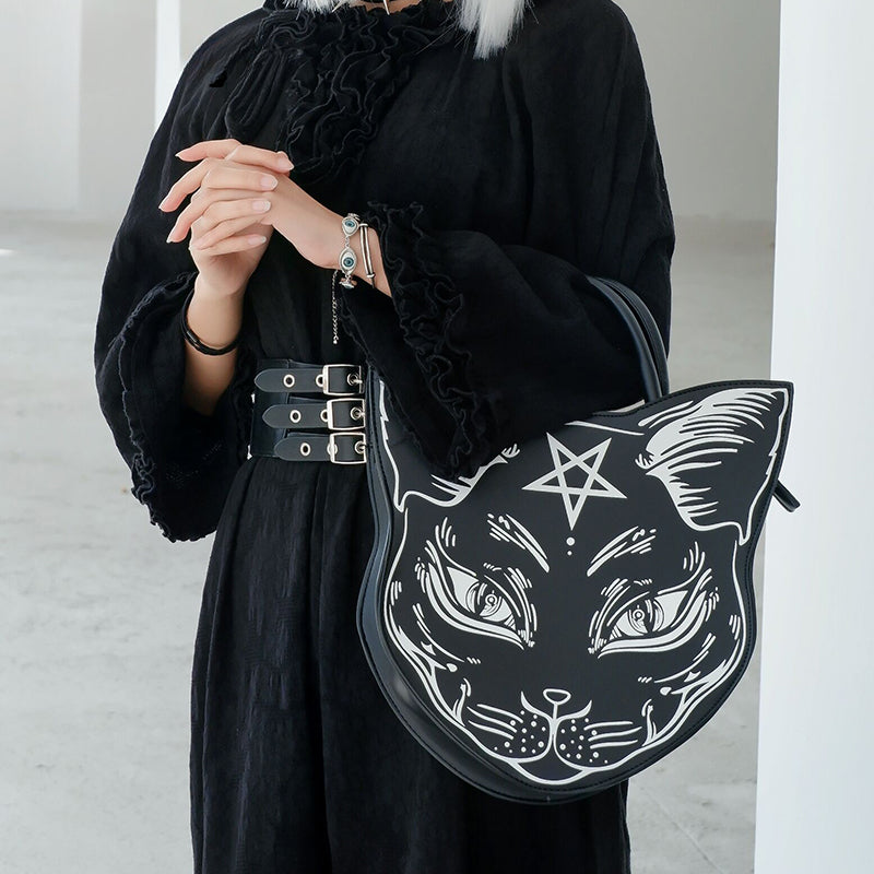Gothic Punk Style Pentacle Cat Top Handle Fashion Bag Halloween
