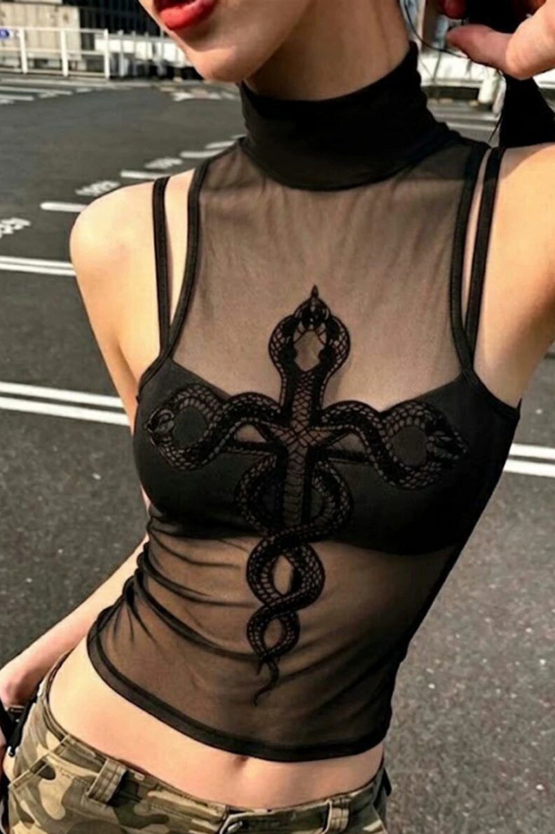 Mesh Snake Embroidered Cami Top