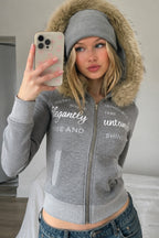 Fluffy Trim Letter Graphic Hoodies