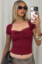 Scalloped Neck Tie Front T-Shirt
