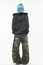 GothicPunkBlack and Grey Striped Cropped Hoodie