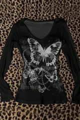 Y2K Print Tie-Detail Patchwork Long Sleeve Knit Top