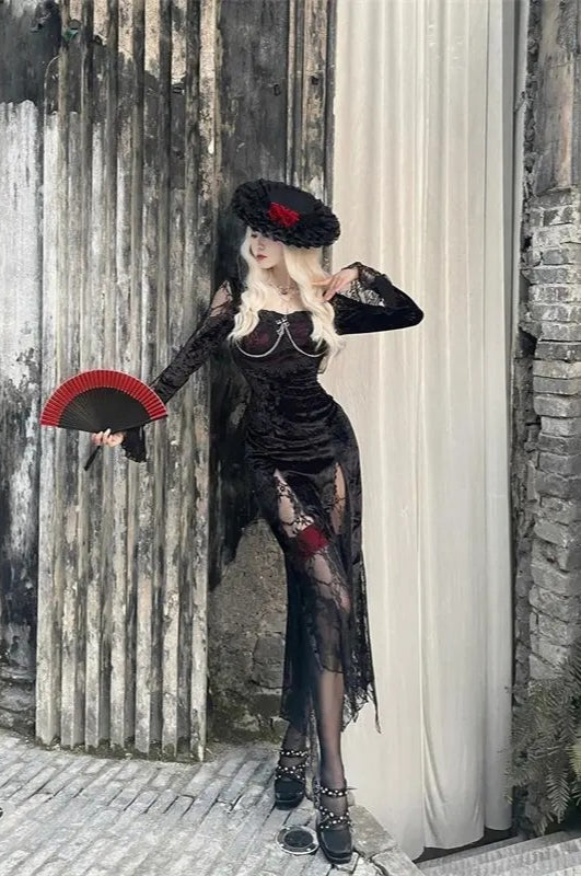 Gothic Y2k Lace Patchwork Long Sleeve Slim Black Maxi Dress Secondary image