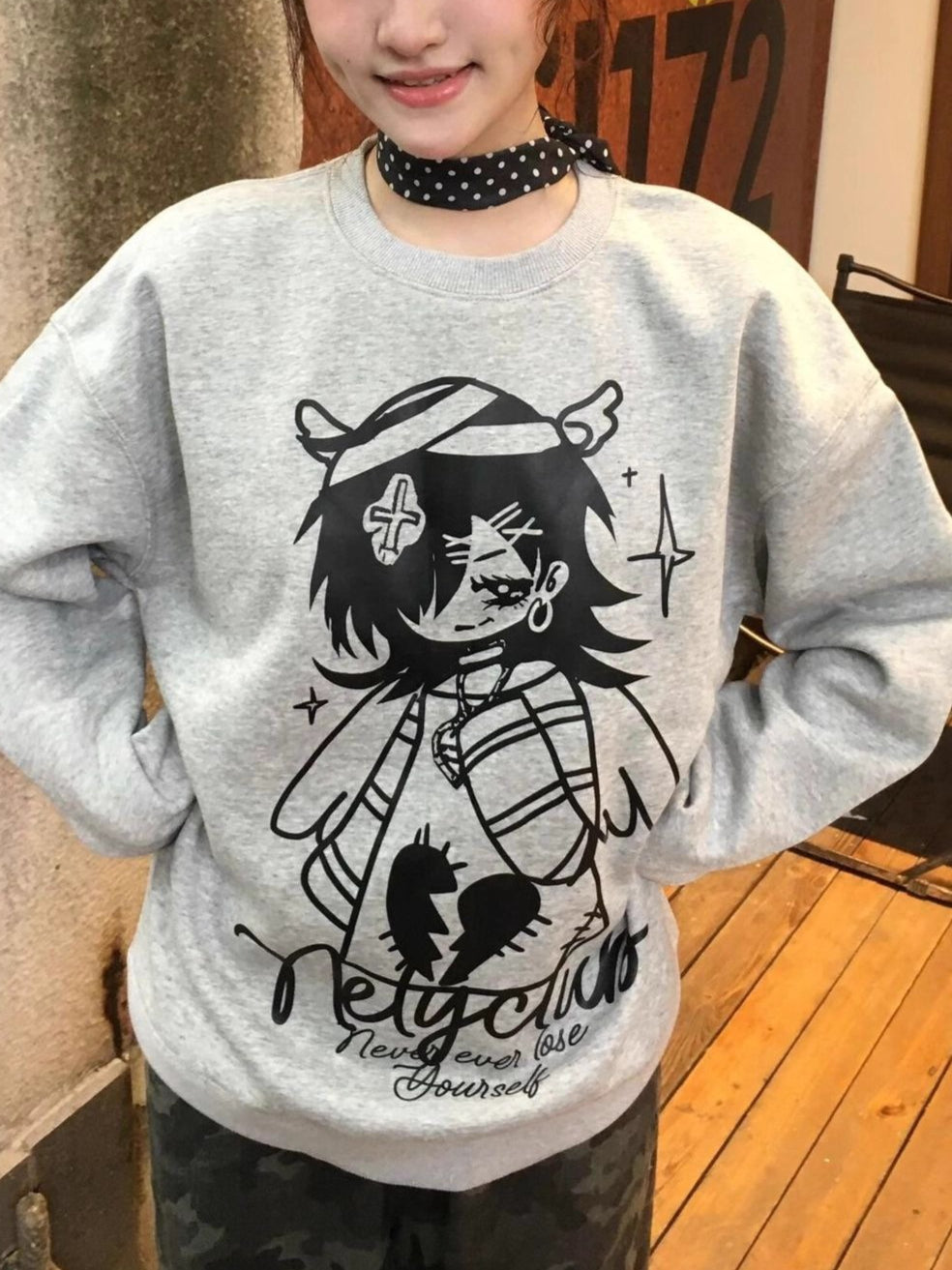Bandage Angel Print Grey Subculture Loose Sweatshirt Main image