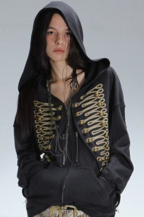 GothicPunkMetal Detail Zip-Up Hoodie