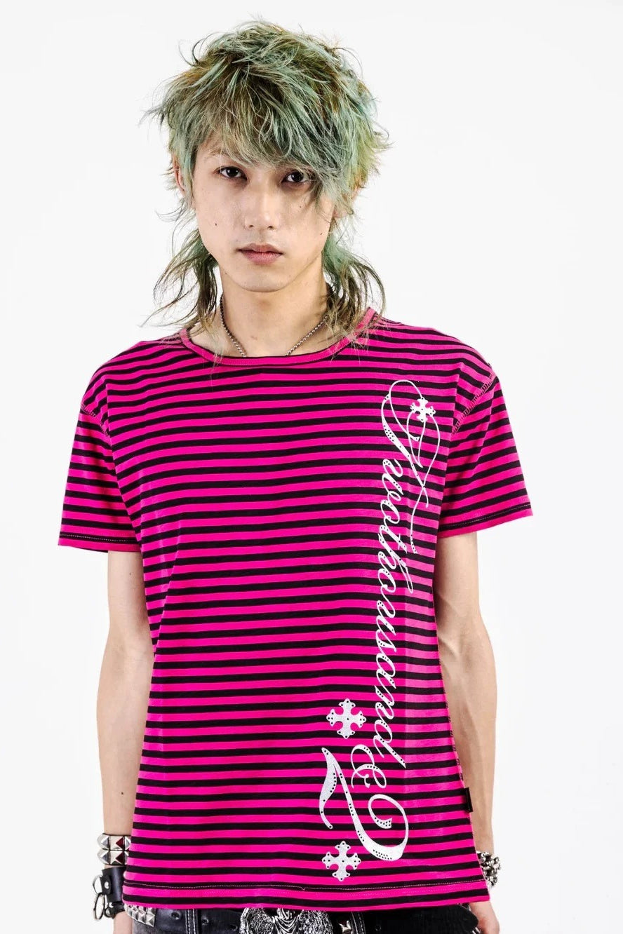 Striped Gothic Cross Printed Vintage Wash T-shirt Secondary image