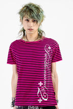 Striped Gothic Cross Printed Vintage Wash T-shirt