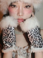 Thicken Fur Leopard Fingerless Gloves