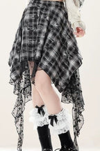 Black Plaid Lace Asymmetrical Mini Skirt
