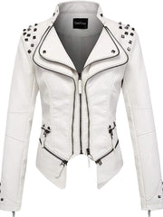 Embroidered Rivet Washed PU Leather Waist-fit Short Jacket