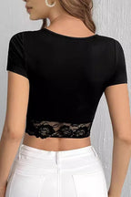 Gathered Front Lace Hem T-Shirt