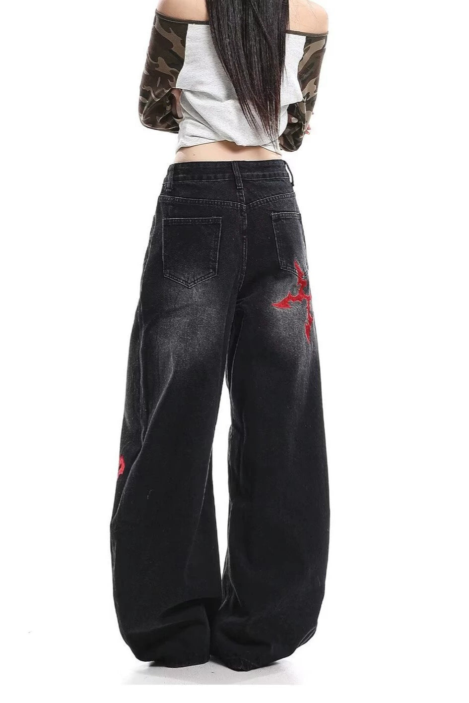 Red Emblem Washed Denim Pants