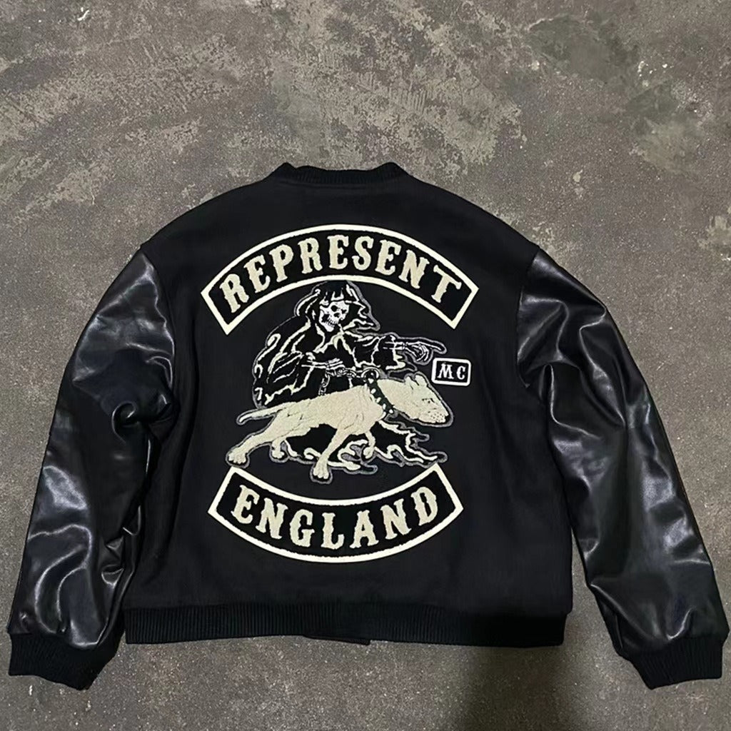 Dog Embroidered Leather Sleeve American Retro Baseball Jacket