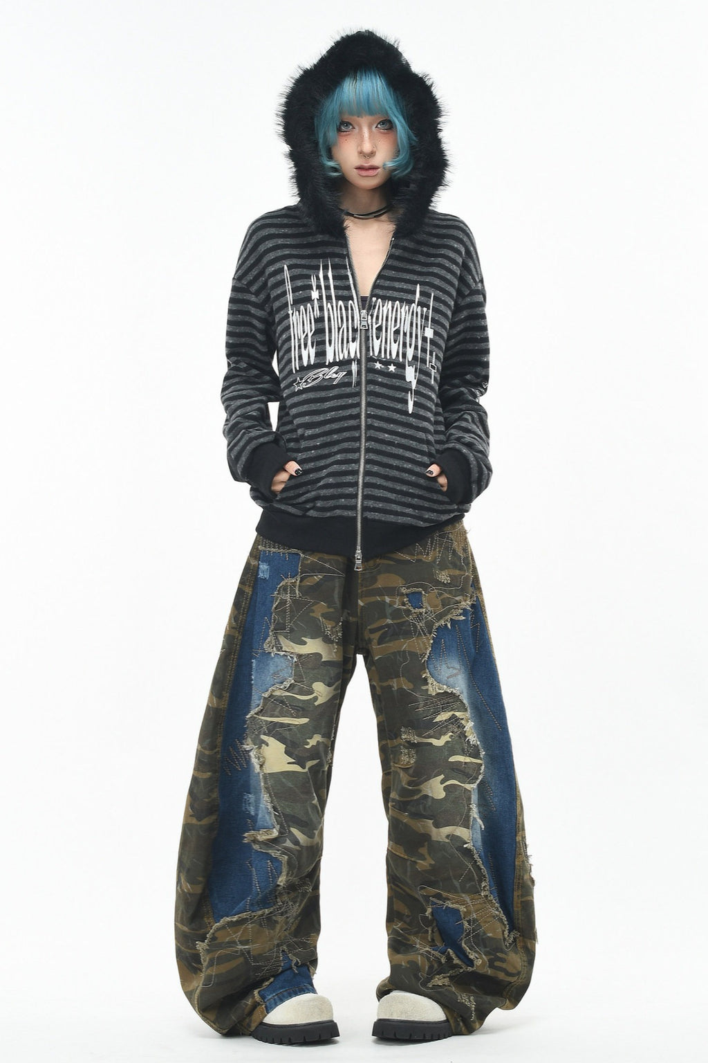GothicPunkBlack and Grey Striped Cropped Hoodie