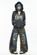 GothicPunkBlack and Grey Striped Cropped Hoodie