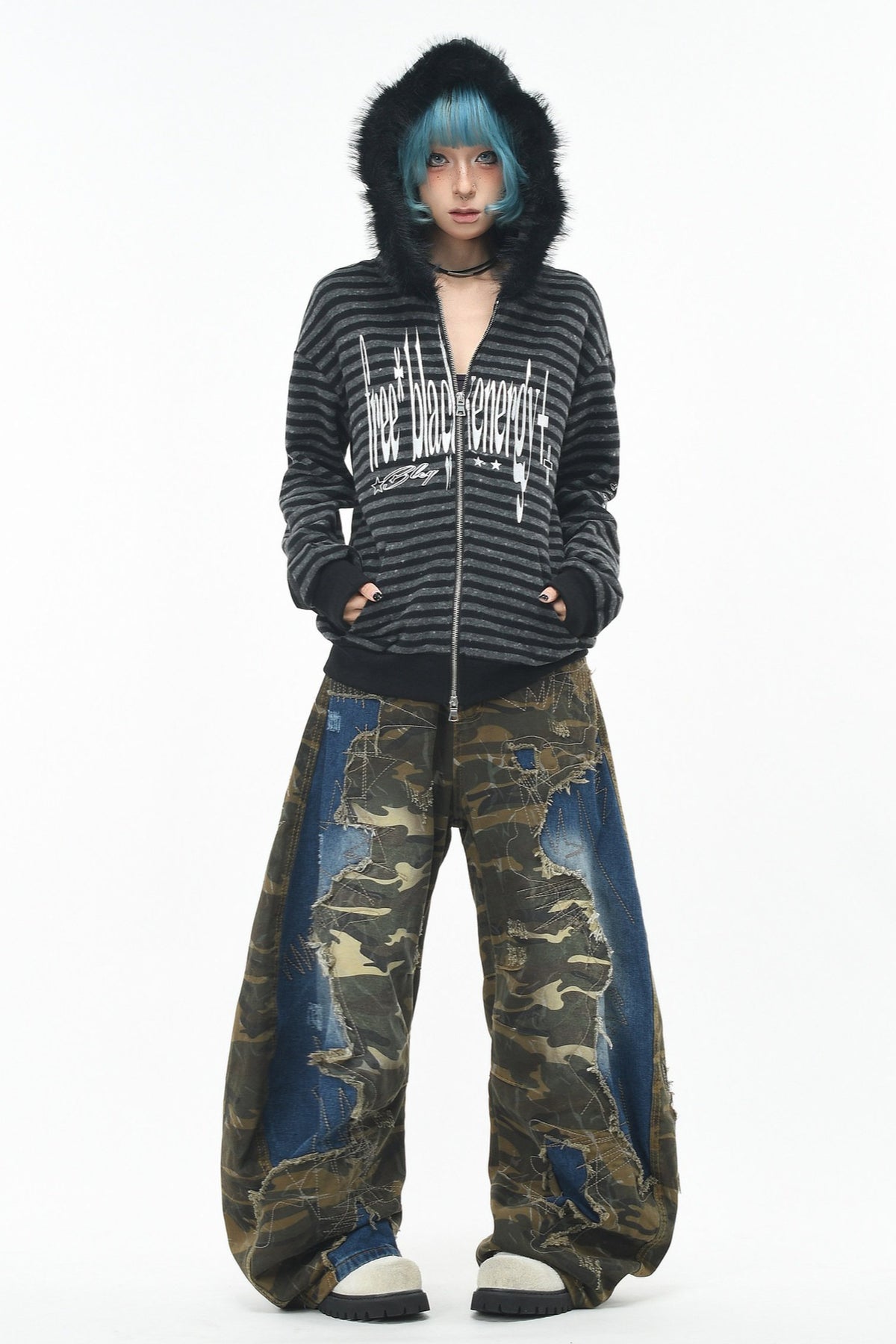 GothicPunkBlack and Grey Striped Cropped Hoodie