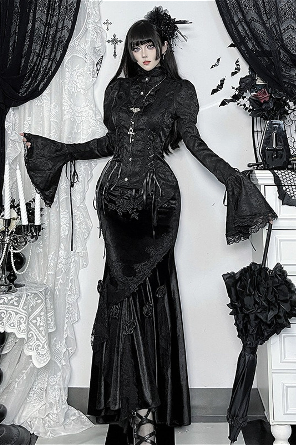 Gothic Bell Sleeve Fitted Blouse