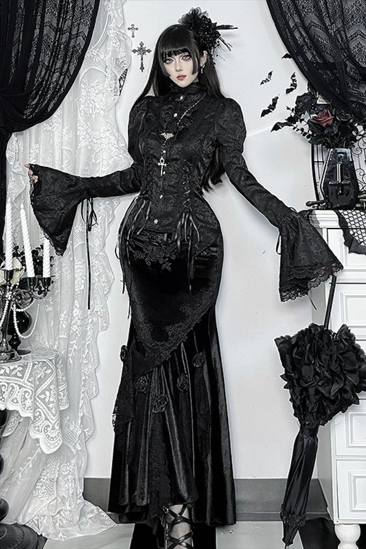 Gothic Bell Sleeve Fitted Blouse