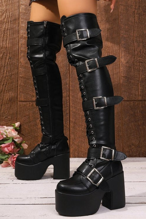 Multi Buckle Lace Up Platform Boots