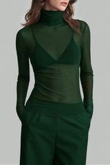 Solid Mandarin Collar Mesh Top