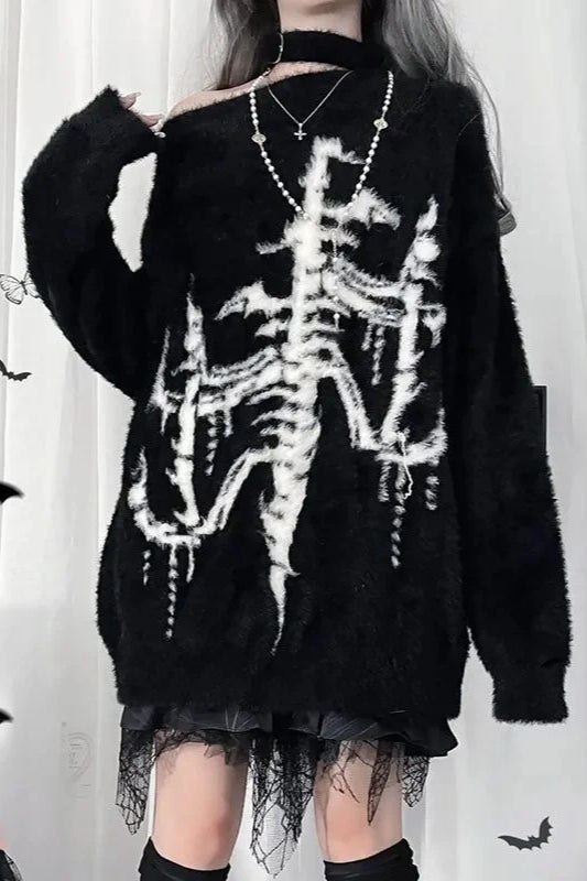 Y2K Harajuku Dark Print Off Shoulder Knit Sweater