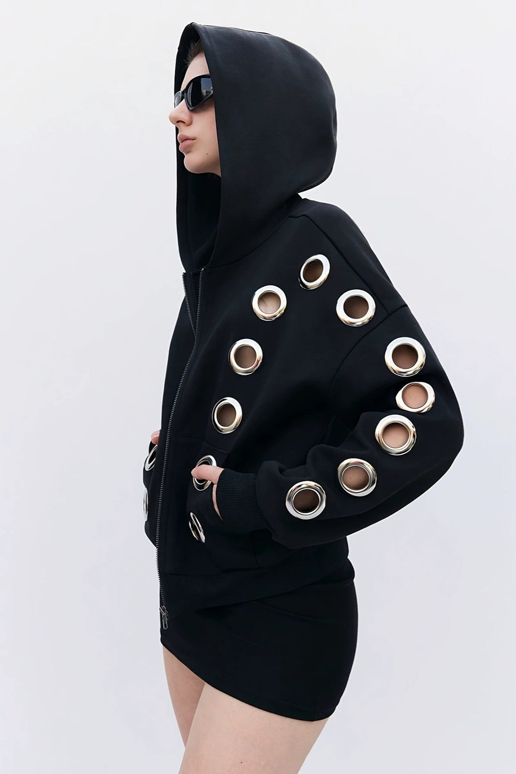 GothicPunkMetal Ring Cutout Zip Up Hoodie