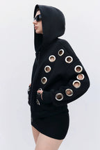 GothicPunkMetal Ring Cutout Zip Up Hoodie